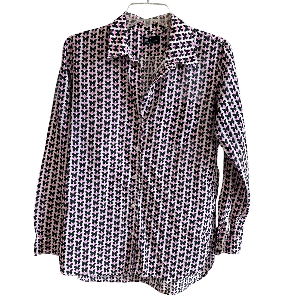Gap Womens Boyfriend Shirt M Pink Black Butterfly Print Button Down‎ Y2K